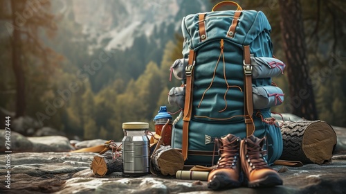Travel backpack with camping equipment, hiking shoes, elements for camping, summer camp, traveling, trip, hiking, 3d rendering. photo