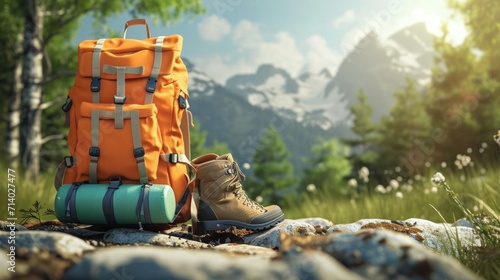 Travel backpack with camping equipment, hiking shoes, elements for camping, summer camp, traveling, trip, hiking, 3d rendering. photo