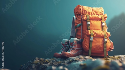 Travel backpack with camping equipment, hiking shoes, elements for camping, summer camp, traveling, trip, hiking, 3d rendering.