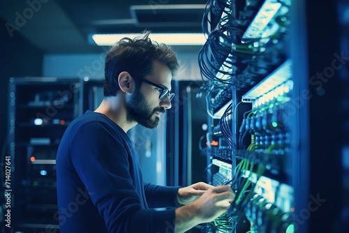 Caucasian male IT technician checking equipment in network server room photo