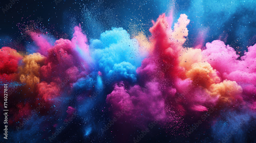 Fototapeta premium Explosion of multicolored paint on dark blue background, splash of colorful powder, abstract pattern of colored dust clouds. Concept of burst, swirl, banner, holi, texture, splash
