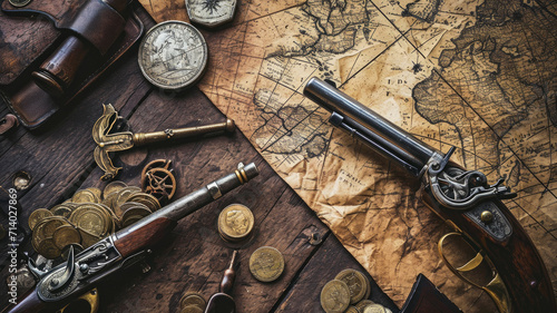 Old World map, money and vintage guns on wooden table, worn torn paper and instruments. Background for journey theme. Concept of antique, history, discovery, retro, travel, treasure