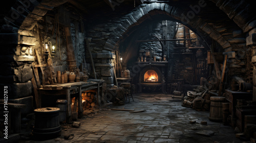 Old cellar or vintage house room, medieval workshop interior. Inside dark stone storage with fireplace. Concept of home, production, wood, basement, fantasy