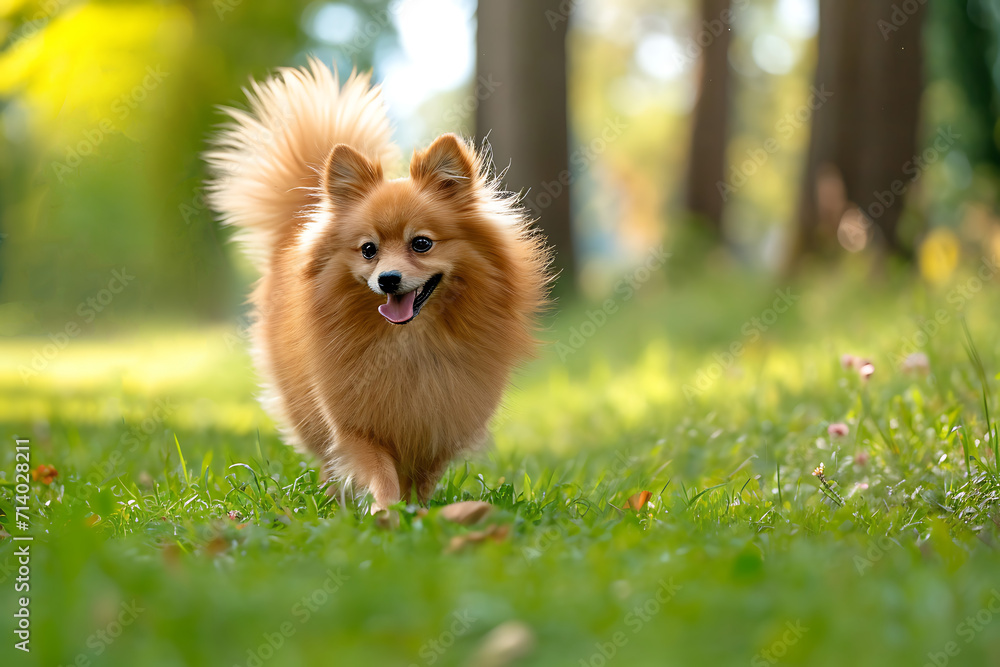 red spitz breed dog walks in the park on a summer day
