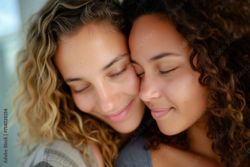 two happy smiling young women in loving embrace two happy smiling young women in loving embrace