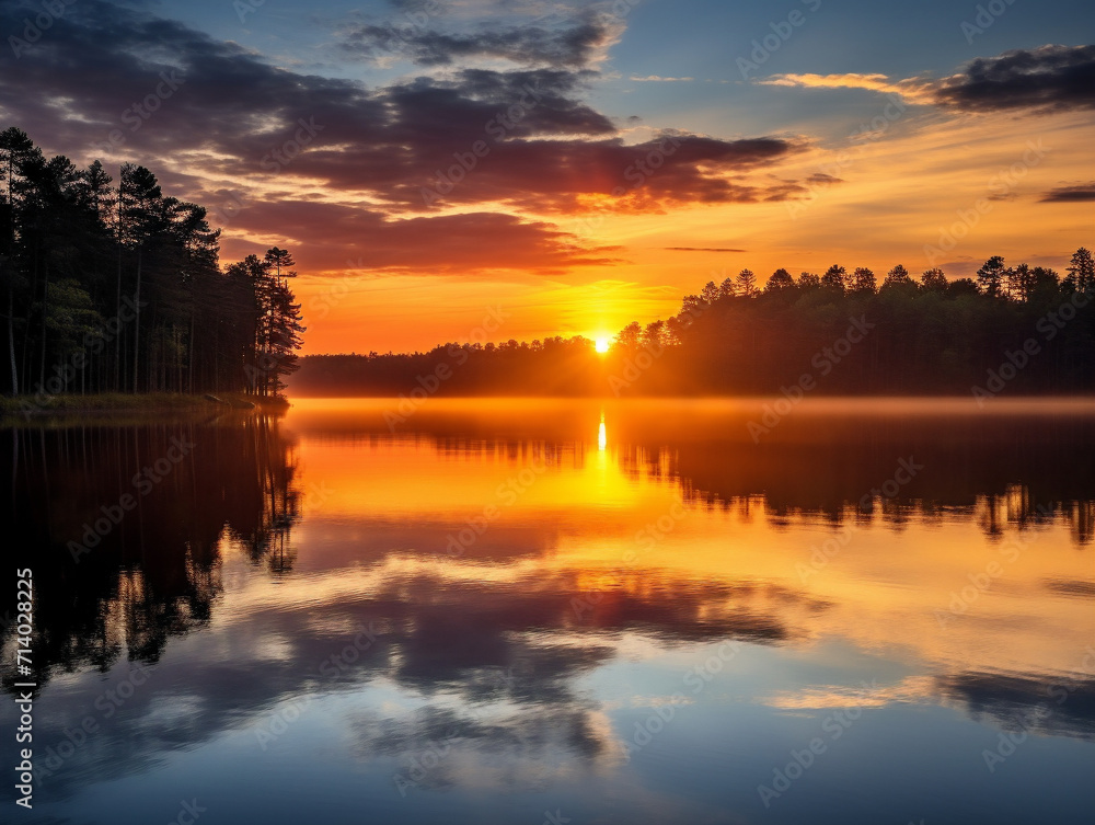 A tranquil lake at dawn, adorned with the vibrant colors of a picturesque sunrise.