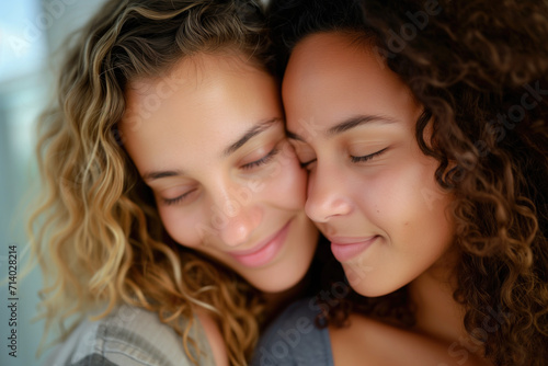 two happy smiling young women in loving embrace