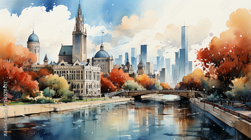 a watercolor big city skyline - obrazy, fototapety, plakaty 