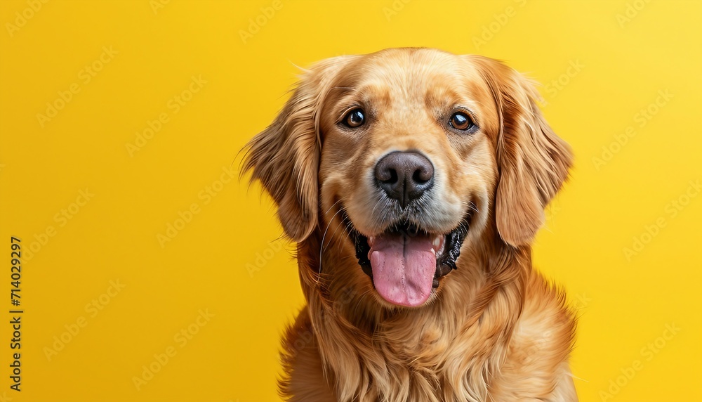 Feature a regal-looking Golden Retriever against a vibrant yellow background, capturing the breed's friendly and elegant demeanor, Golden Retriever on yellow background