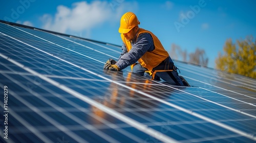Male worker installing solar panels on the roof of a modern house. photo