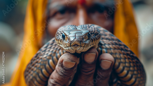 Snake charmer holding snake  photo