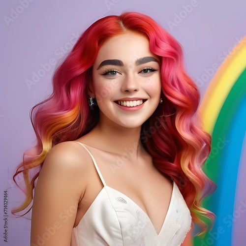 Cheerful woman with long wavy rainbow hair and freckles on copy space, wears a stylish wedding dress, has a pleasant smile, faces front, feels optimistic, isolated over a rainbow pastel
