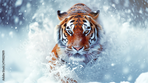 Relentless tiger in snow winter 