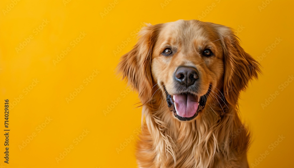 Feature a regal-looking Golden Retriever against a vibrant yellow background, capturing the breed's friendly and elegant demeanor, Golden Retriever on yellow background