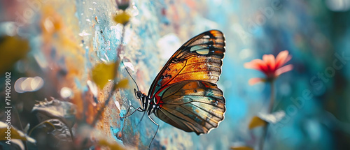 A colorful butterfly sitting on a colorful wall, about to take off and start to fly. Close up image.