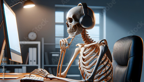 Skeleton with headphones sitting at desk, waiting in front of computer photo