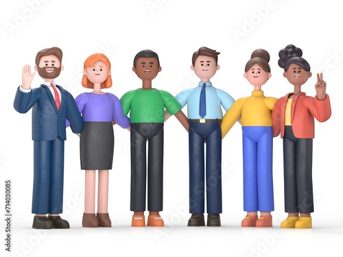 International friendship flat 3D illustration. Young diverse people group standing together cartoon characters. Multiethnic unity and peace concept. Diversity and social togetherness idea. 
