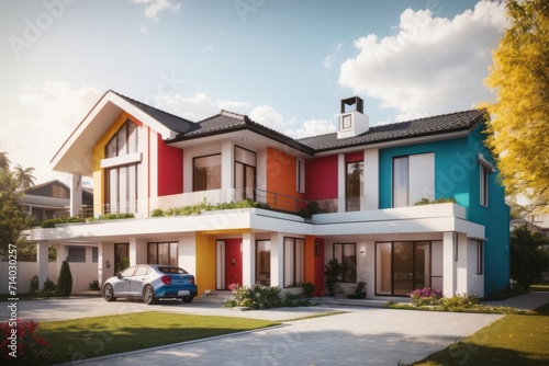 Residential architecture exterior home design of modern house with colorful private house and level floors © Basileus