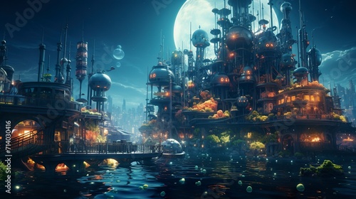 In a whimsical, fictional world on the water, the scene unfolds as dreamy reflections dance on the surface, creating a captivating and enchanting atmosphere. 
