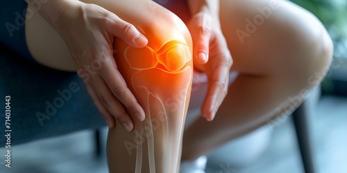 Woman suffering from knee pain at home, closeup. Medical concept