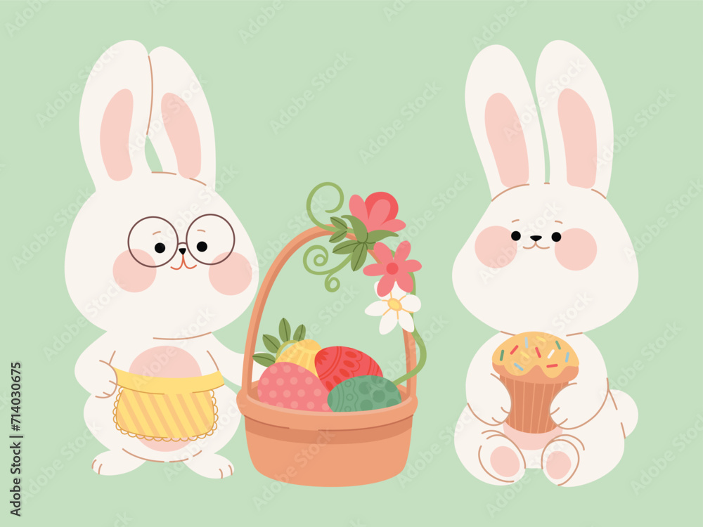 A cute Easter bunny couple with basket with painted eggs and traditional cake. Flat cartoon rabbit characters for Happy Easter card, sticker, web design, banner. Vector illustration of Easter symbols. A cute Easter bunny couple with basket with painted eggs and traditional cake. Flat cartoon rabbit characters for Happy Easter card, sticker, web design, banner. Vector illustration of Easter symbols.