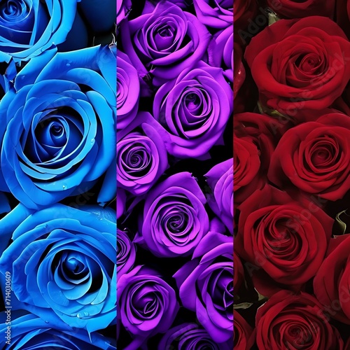 Triptic wall decor framework with blue  red and purple roses closeups