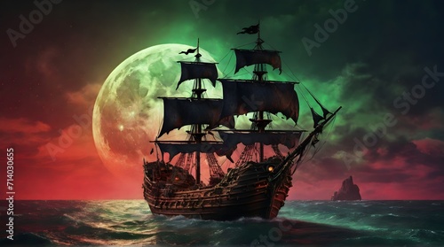 pirate ship - illustration of a pirate ship against the background of the moon, green and red glow
