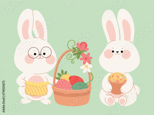 A cute Easter bunny couple with basket with painted eggs and traditional cake. Flat cartoon rabbit characters for Happy Easter card, sticker, web design, banner. Vector illustration of Easter symbols.
