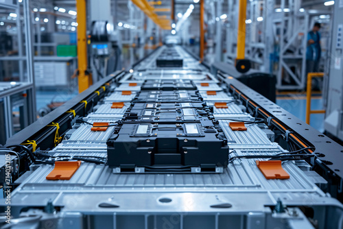 Advanced Lithium-ion High-Voltage Battery Component for Electric Vehicles on a Production Line in an Automotive Factory