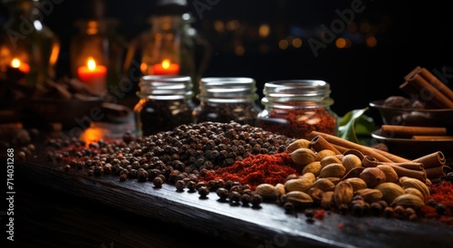 Aromatic spices and savory nuts adorn the table, lit by a flickering candle, creating a warm and inviting indoor atmosphere perfect for enjoying a flavorful vegetable-based meal