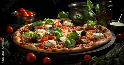 Indulge in a mouthwatering california-style pizza adorned with fresh basil and juicy tomatoes, perfectly baked and topped with savory cheese on a rustic table, evoking the comforting essence of itali
