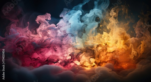 A mesmerizing display of swirling colors emerges from the billowing smoke, blending with the natural clouds as if fire and nature were dancing in perfect harmony