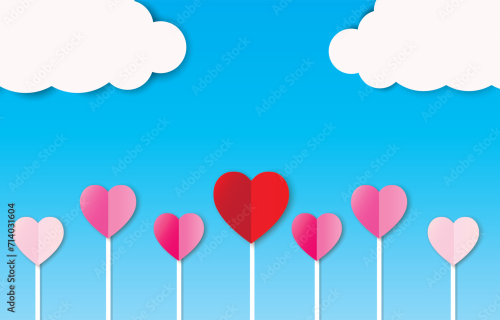 Love invitation card, abstract valentine's day background with heart and clouds, paper cut pink and red hearts.Heart shape paper cut and cloud background for poster, sale offer,web banner,poster.