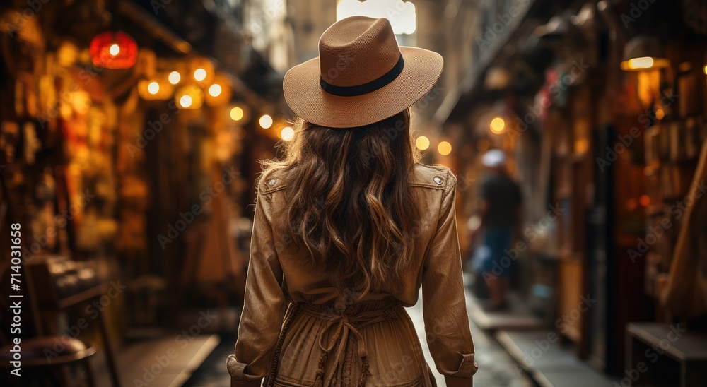 A stylish woman stands confidently on a city street at night, wearing a fashionable dress and coat, with a chic sun hat as her perfect accessory
