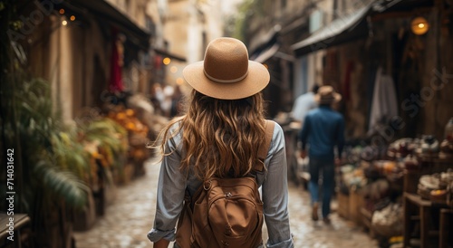 A stylish woman confidently struts down the bustling city street, donning a trendy fedora and carrying a backpack, embodying the perfect blend of fashion and functionality