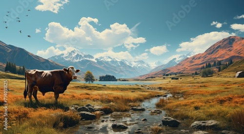 A majestic bovine, surrounded by vibrant green grass and framed by towering mountains, stands proudly in a peaceful pasture under a clear blue sky, embodying the raw beauty of the great outdoors photo