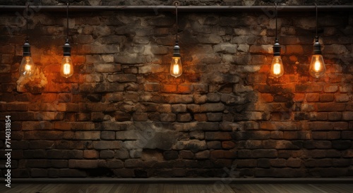 A rustic brick wall adorned with two warm light bulbs and a flickering candle, evoking a cozy indoor atmosphere of fire and amber lighting
