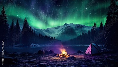 View of night sky with multicolored aurora borealis and mountain peak background. Night glows in vibrant aurora reflection on the lake with forest. 
