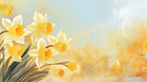 copy space, vector illustration, beautiful background with daffodils evocing spring. Floral background with daffodils, spring time theme. Beautiful background for napkins. Yellow flowers in soft color photo