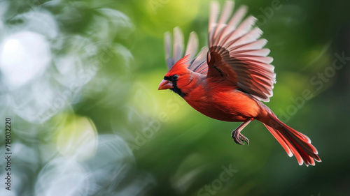 Red cardinal bird flying on natural background © ТаtyanaGG