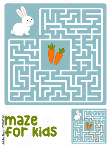 Easy maze game for kids.  Help the rabbit find the way to the carrot.  Square maze  with a solution