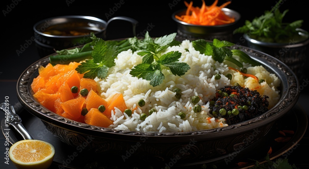 A vibrant bowl of steamed jasmine rice and colorful vegetables, garnished with a slice of lemon and a hint of citrus, creates a mouthwatering dish that embodies the essence of fresh and healthy cuisi A vibrant bowl of steamed jasmine rice and colorful vegetables, garnished with a slice of lemon and a hint of citrus, creates a mouthwatering dish that embodies the essence of fresh and healthy cuisi