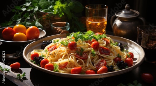 Indulge in a rustic italian feast with a mouthwatering bowl of pasta topped with juicy tomatoes and fragrant herbs, served on a beautifully set table