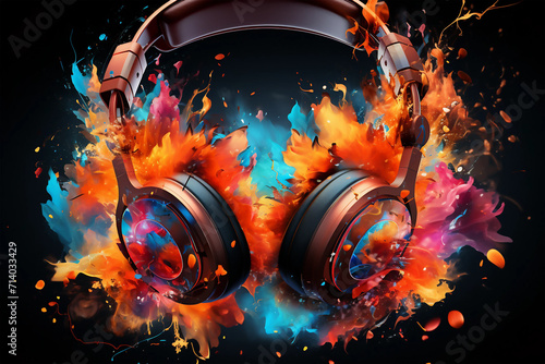 headphones music Concept Illustration with Polygon Art - Conceptual Music Illustration - Polygon Art - Listening Music Concept Illustration. Splashes of colorful ink spots photo