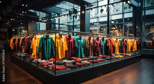 Vibrant hues adorn the boutique's standing display case, showcasing a diverse collection of shirts in an indoor outlet store, inviting shoppers to explore the latest fashion trends