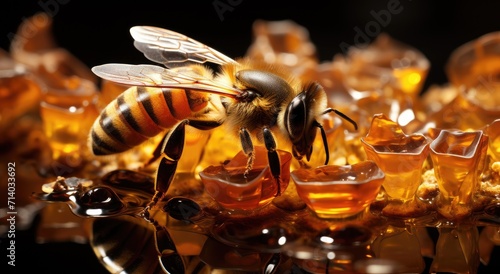 Capturing the delicate grace of a honeybee, as it savors the sweet nectar of life from a golden honeycomb, a moment frozen in time through the lens of macro photography photo