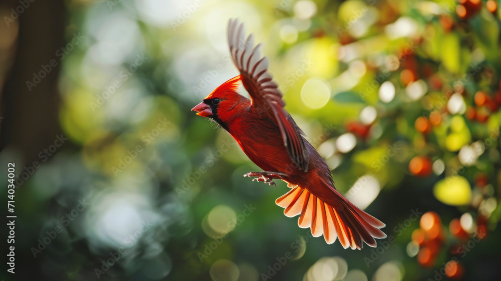 Red cardinal bird flying at golden hour against blurred forest background Red cardinal bird flying at golden hour against blurred forest background