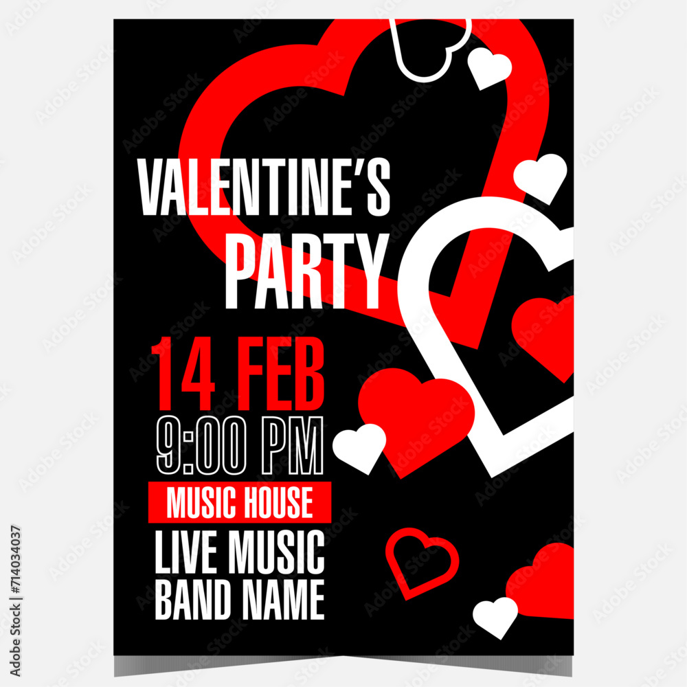 Valentine's Day romantic party poster with red and white hearts on ...