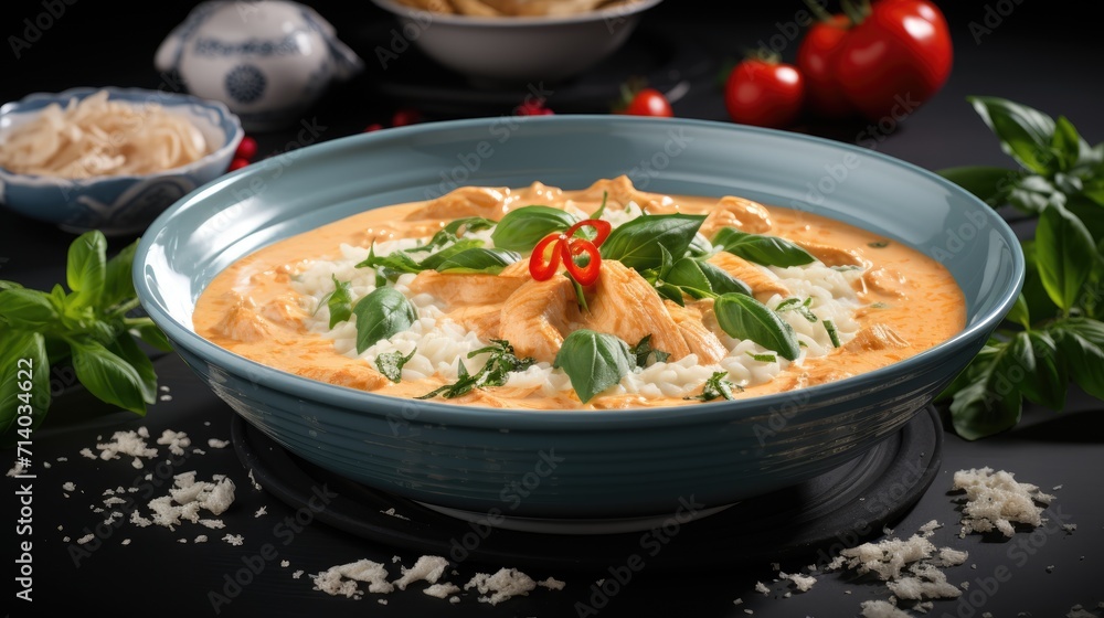 Caribbean Culinary Flavors: The Tropical Delight of Pescado con Coco, a Dominican Coconut Fish Stew, Beautifully Presented with Rice and Garnished with Fresh Herbs for a Culinary Masterpiece.