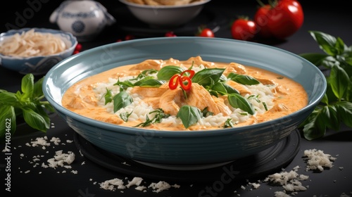 Caribbean Culinary Flavors: The Tropical Delight of Pescado con Coco, a Dominican Coconut Fish Stew, Beautifully Presented with Rice and Garnished with Fresh Herbs for a Culinary Masterpiece.